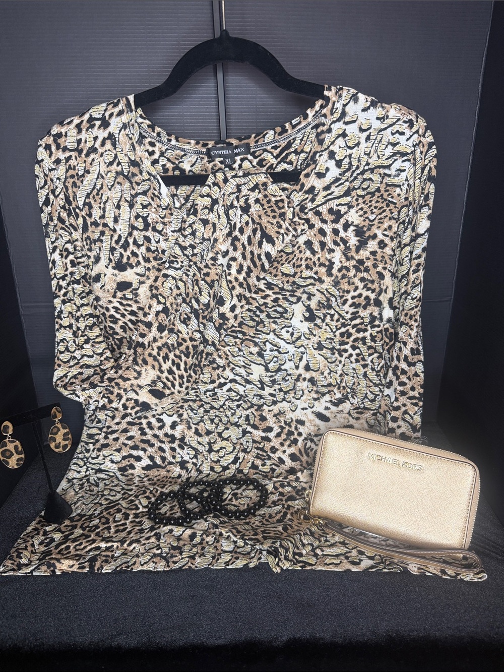 Cynthia Max Long Sleeve Animal Print Top with Michael Kors Wristlet & Earrings